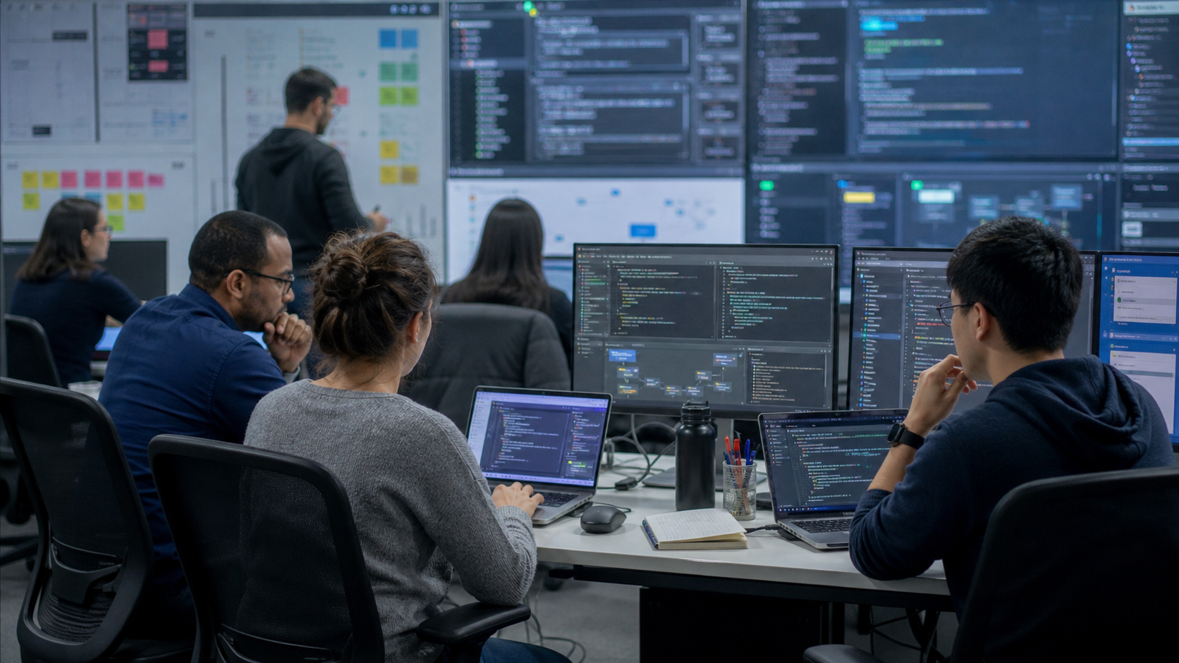 Software engineers comparing AI coding workflows in an enterprise engineering room.