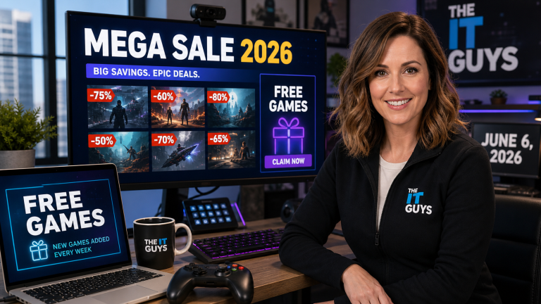 Jennifer presenting the Epic Games Store MEGA Sale 2026 with free games and sale deals