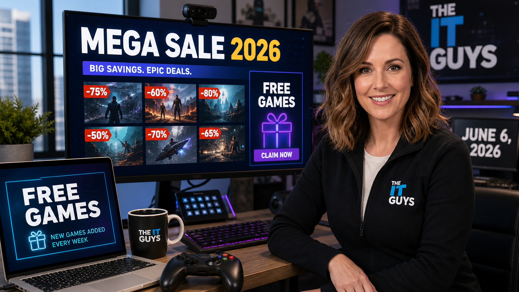 Jennifer presenting the Epic Games Store MEGA Sale 2026 with free games and sale deals