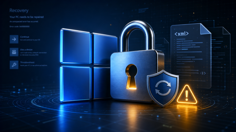 Windows-style security visual with a generic four-pane window mark, BitLocker-style lock, XML files, and warning patch symbols