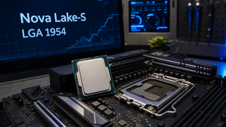 A next-generation desktop CPU beside a motherboard socket with Nova Lake-S and LGA 1954 shown on a diagnostic screen