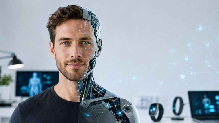 A calm half human half robotic person representing the Internet of Bodies and connected health technology