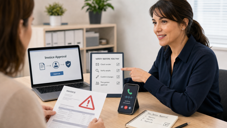 Jennifer helping a small business verify an invoice payment change before approving the bill