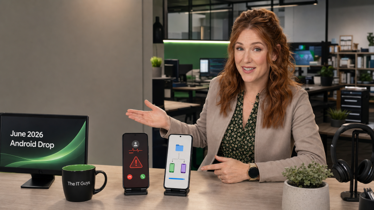 Jennifer presenting June 2026 Android Drop phone features with fake call detection and Android to iPhone sharing visuals