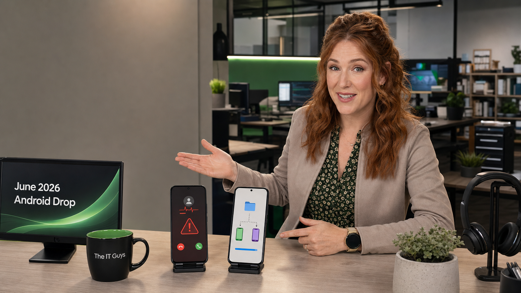 Jennifer presenting June 2026 Android Drop phone features with fake call detection and Android to iPhone sharing visuals