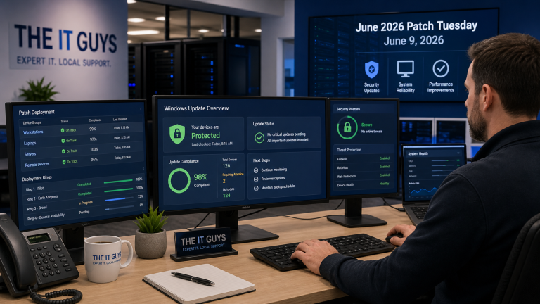 Professional IT operations desk showing June 2026 Patch Tuesday Windows security update dashboards and server patch status