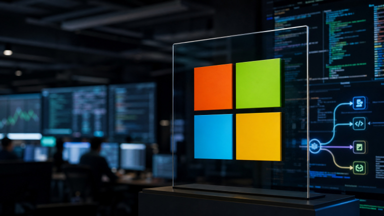 Microsoft logo displayed in a modern software operations room with code screens in the background