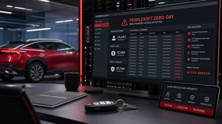 Editorial cybersecurity image showing automotive employee records and an Oracle PeopleSoft zero-day warning on a secure operations dashboard.