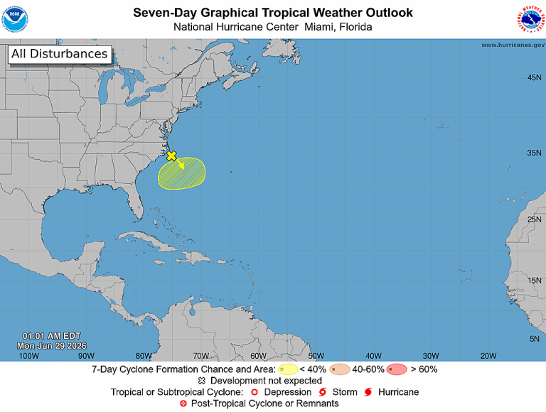 NOAA National Hurricane Center 7-day Atlantic tropical weather outlook graphic for June 29, 2026