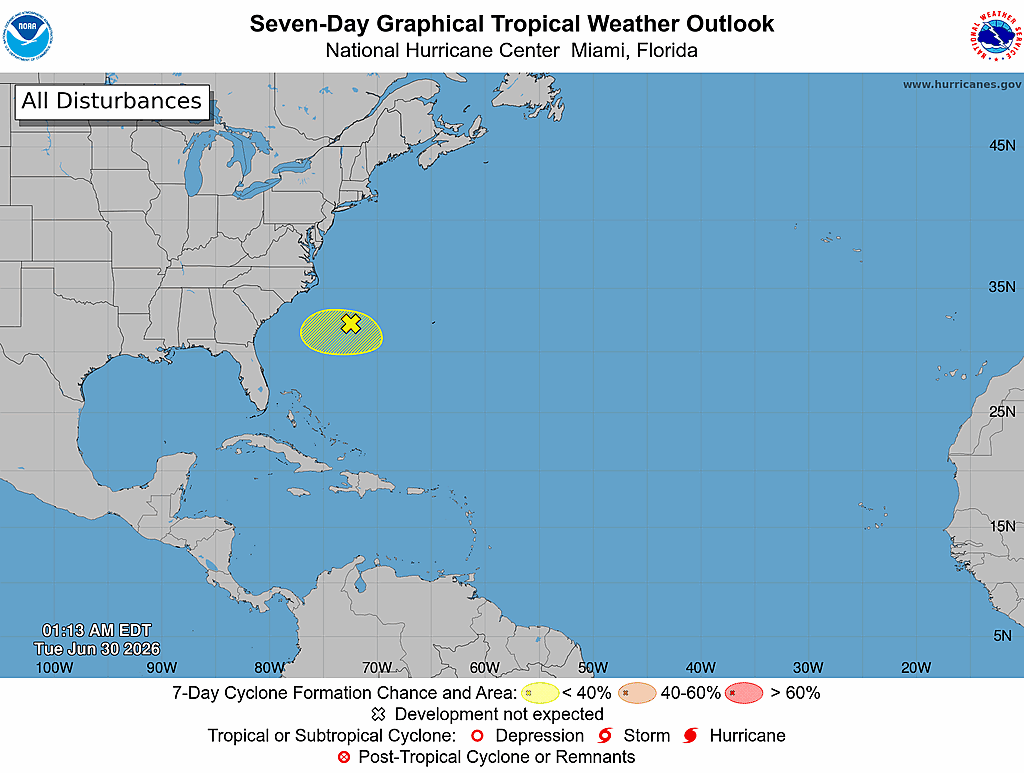 NOAA National Hurricane Center 7-day Atlantic tropical weather outlook graphic for June 30, 2026