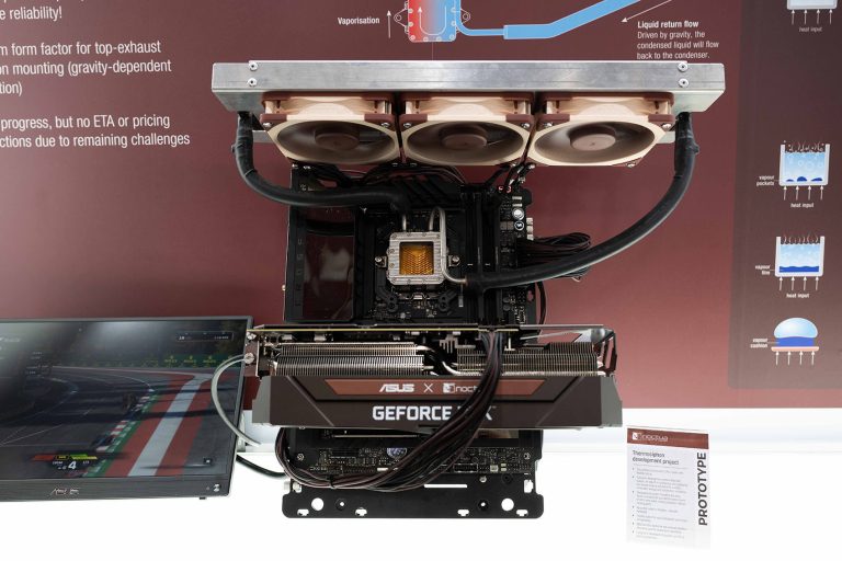 Noctua two-phase thermosiphon CPU cooler prototype with three fans and flexible tubes at Computex