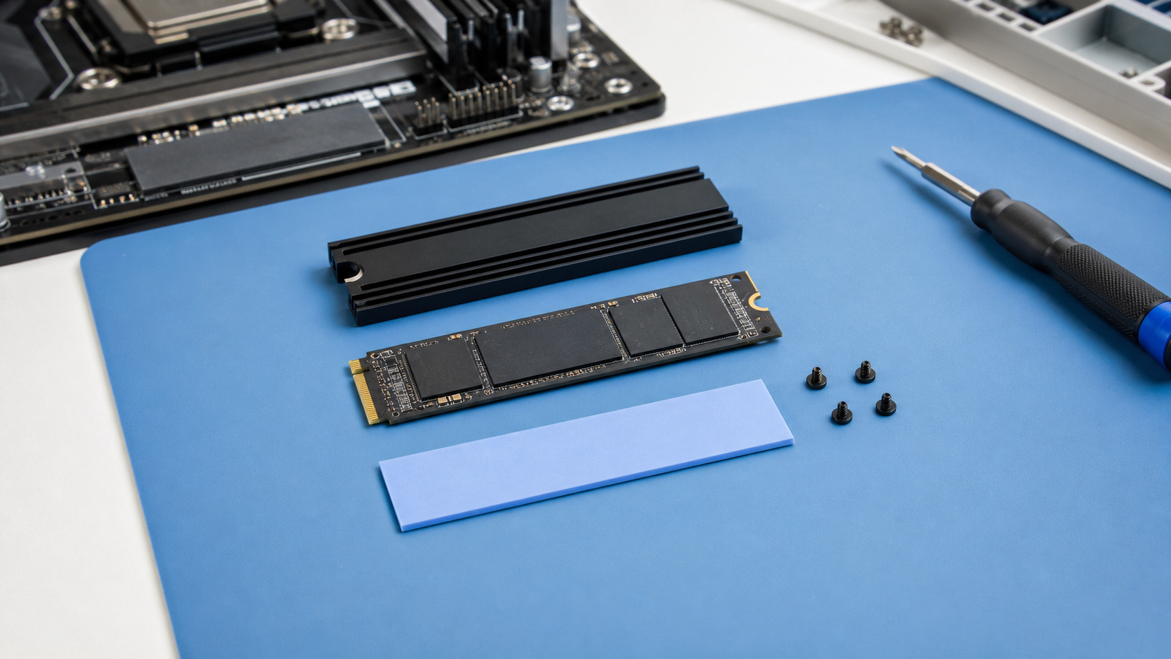 Unbranded NVMe SSD, heatsink, blue thermal pad, screws, and screwdriver arranged on an electronics workbench before installation