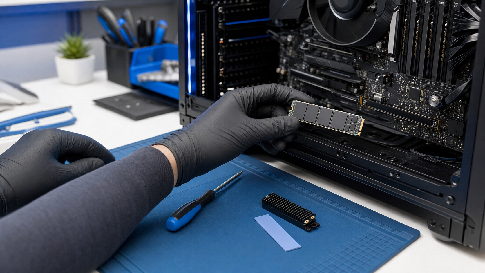 Technician inspecting an unbranded NVMe SSD near an open desktop PC with a thermal pad and heatsink on the workbench
