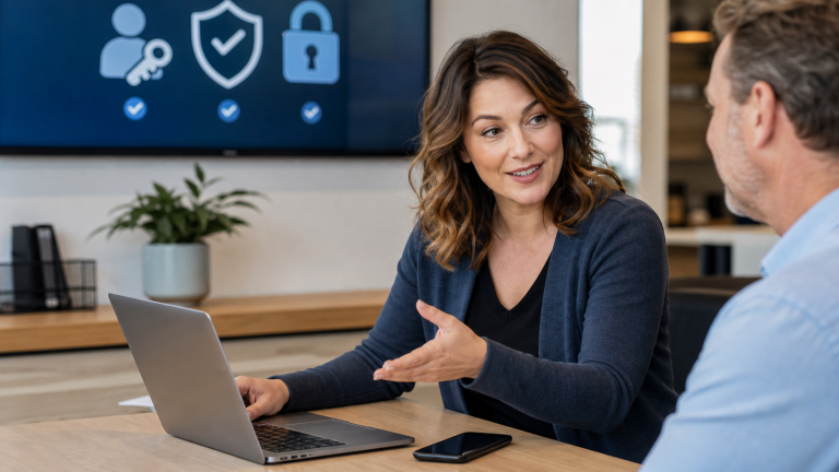 Jennifer helping a small business set up passkeys and backup multi-factor authentication on a laptop and phone