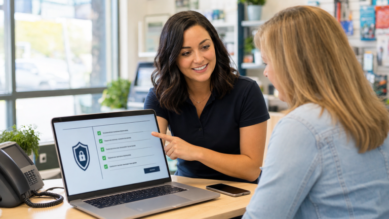 Jennifer helping a small business owner review password security warnings on a laptop