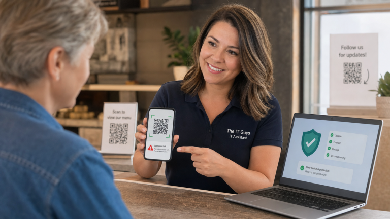 Jennifer IT assistant showing a phone QR code preview warning at a small business counter