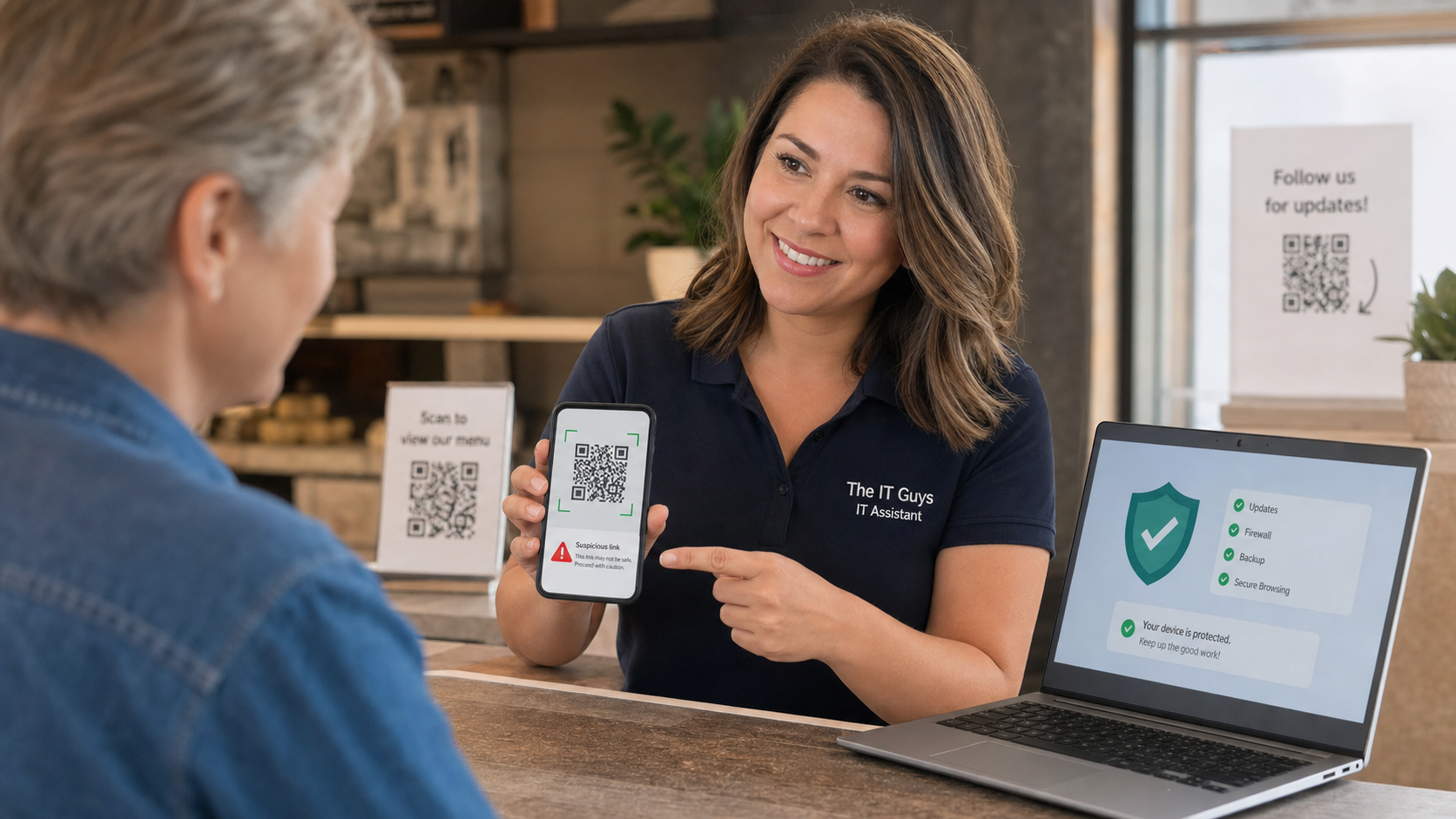 Jennifer IT assistant showing a phone QR code preview warning at a small business counter