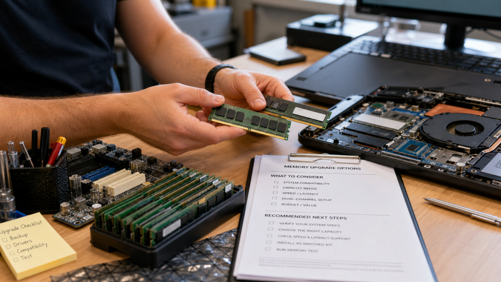 Computer repair workbench with RAM modules and upgrade planning paperwork showing how memory pricing affects PC repairs and upgrades