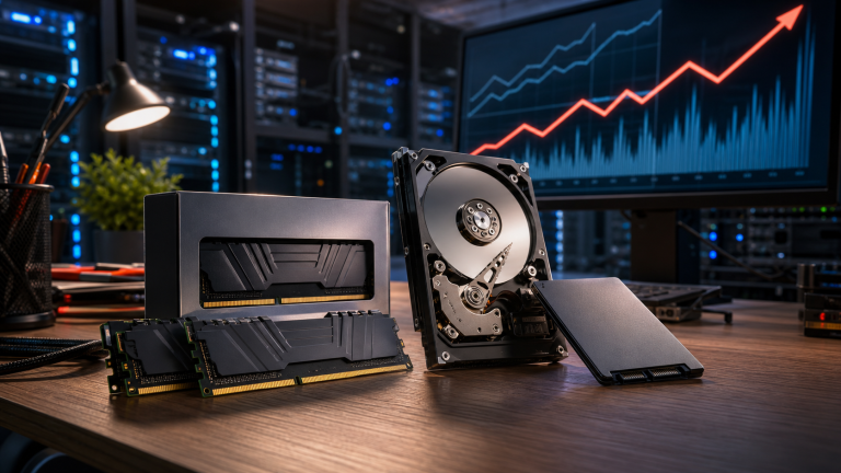 RAM modules, a hard drive, and an SSD on a workbench in front of server racks and a rising price chart
