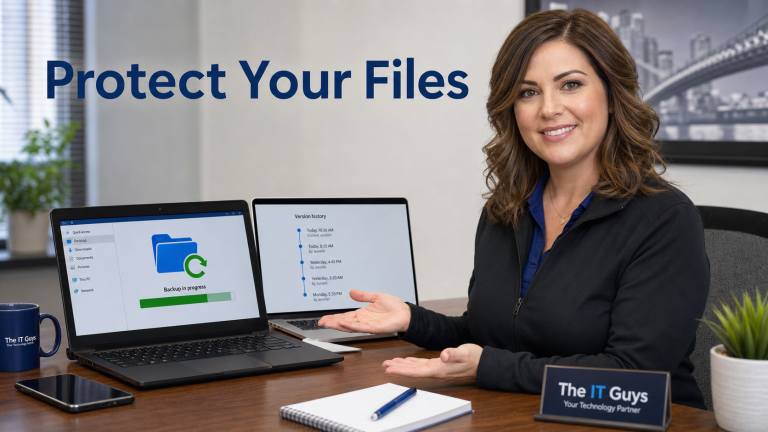 Jennifer from The IT Guys helping a small business protect important files with backup, version history, and ransomware recovery settings.