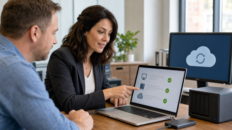 Jennifer helping a small business owner test a file restore from local and cloud backups
