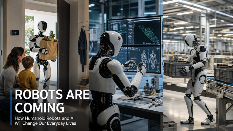 Humanoid robots working in a home, robotics lab, and factory setting