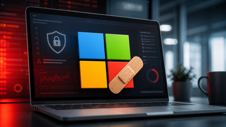 Urgent Microsoft Defender security update concept with a Windows-style four-color tile logo and a bandage patch.
