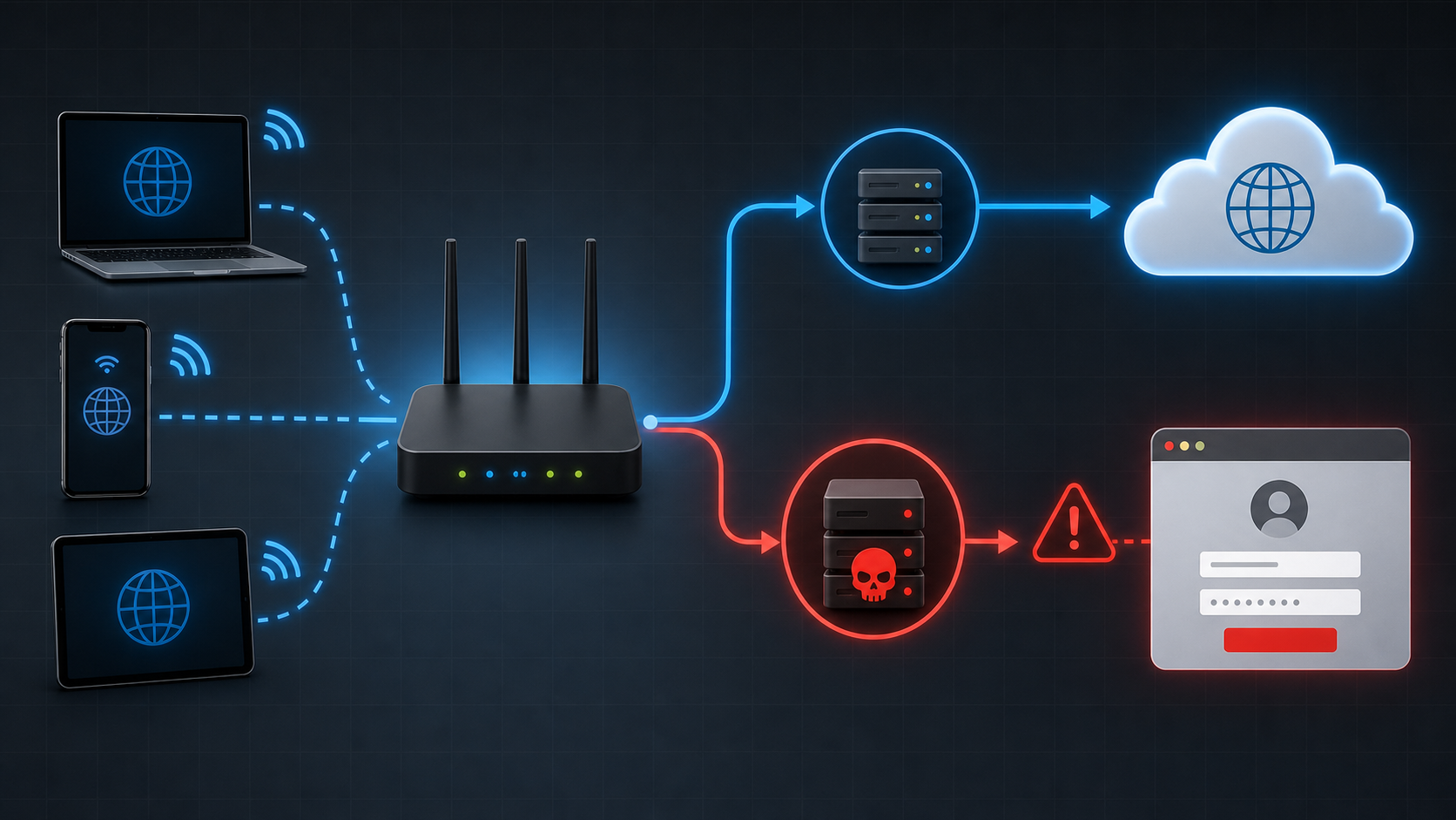 Diagram showing router DNS hijacking where normal network traffic goes to a legitimate service while malicious DNS redirection can send selected logins through attacker-controlled infrastructure