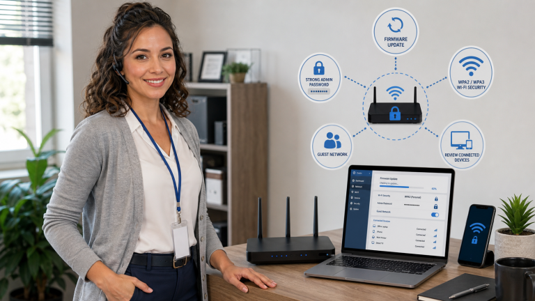 Jennifer reviewing router security settings including firmware updates, strong admin password, WPA2 or WPA3 Wi-Fi, guest network, and connected devices
