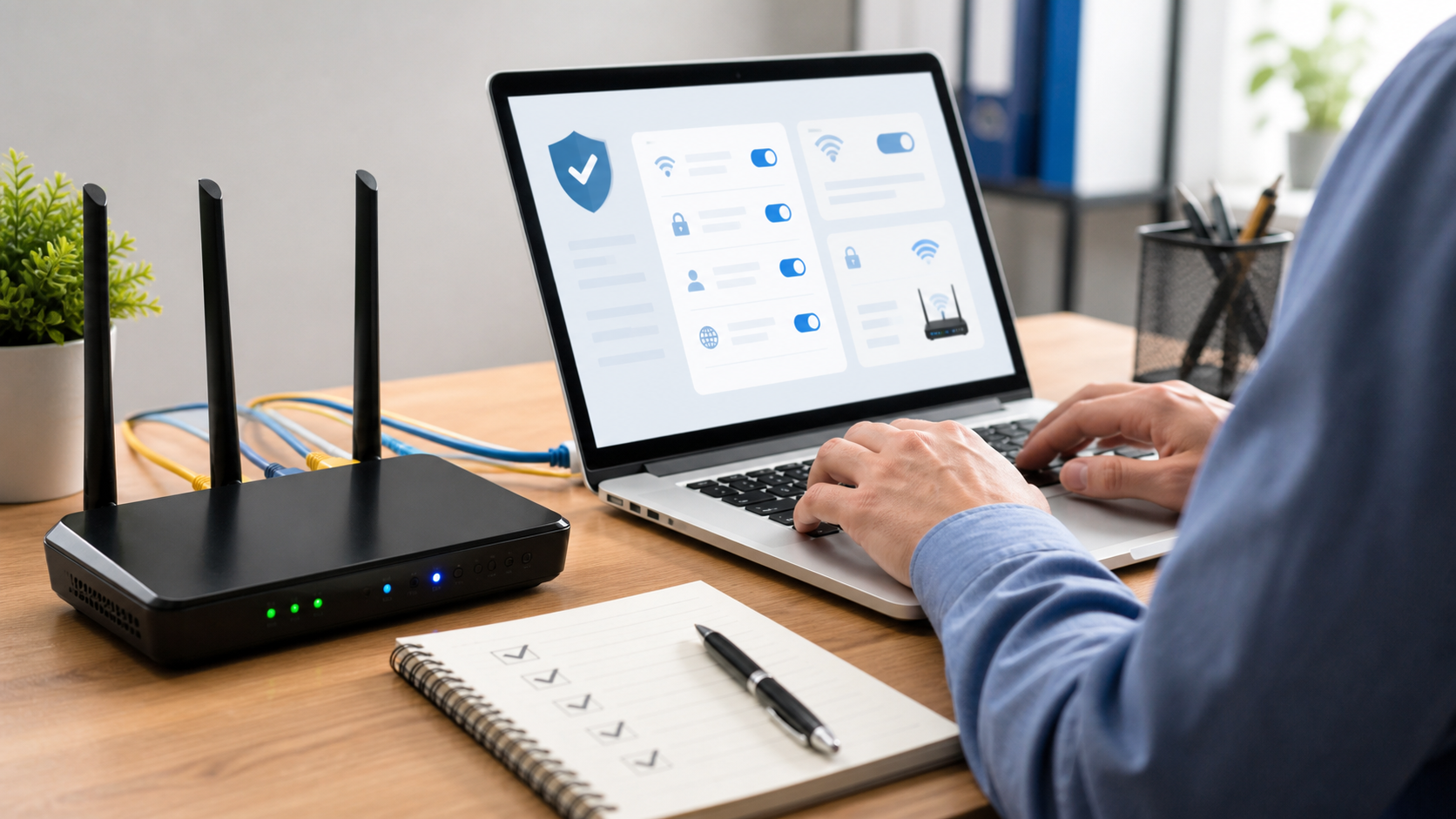 Person checking router security settings on a laptop beside a Wi-Fi router and a checklist