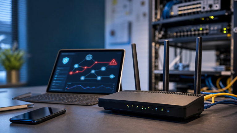A Wi-Fi router beside a cybersecurity dashboard representing Russian GRU router DNS hijacking risk