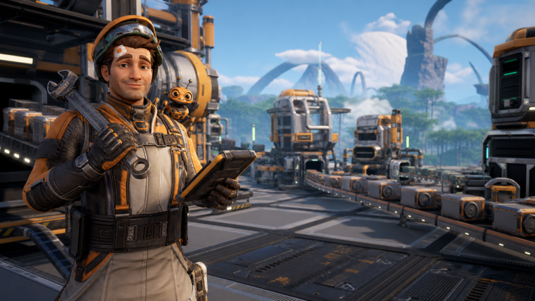 Factory-game pioneer with a bandage on his head standing in a futuristic factory for the Satisfactory 1.2.3.0 patch article