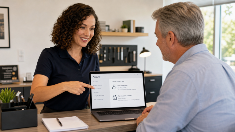 Jennifer helping a small business owner set up separate standard and administrator accounts on a laptop