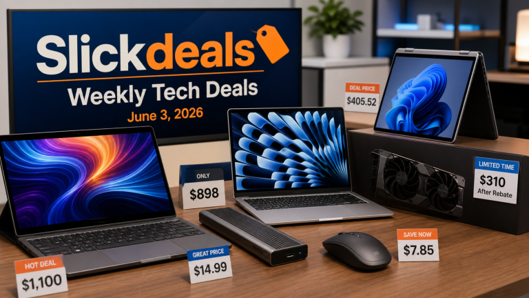 Weekly Slickdeals tech deals hero with laptops, SSD enclosure, graphics card, mouse, price tags, and no people