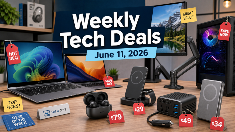 Weekly Tech Deals June 11 2026 hero image with laptops, earbuds, chargers, PC case, power accessories, and subtle The IT Guys branding