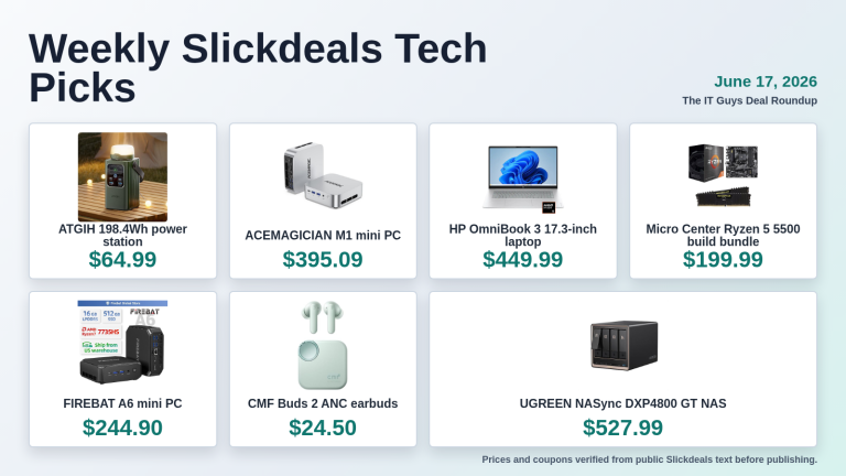 Weekly Slickdeals tech deal roundup showing seven product picks and prices for June 17 2026