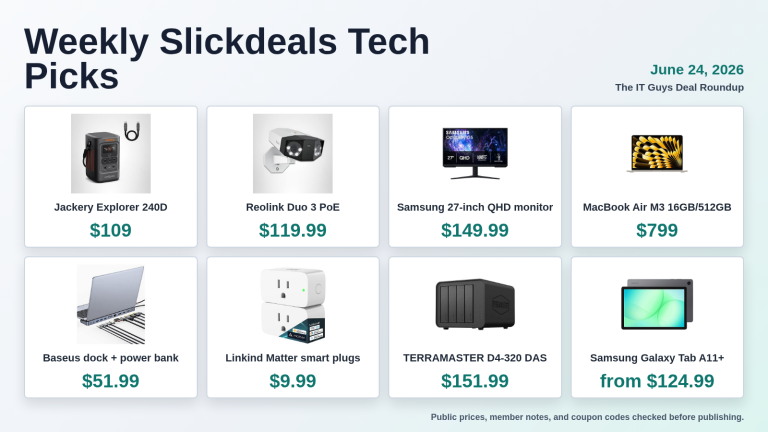 Weekly Slickdeals tech deal roundup showing eight product picks and prices for June 24 2026