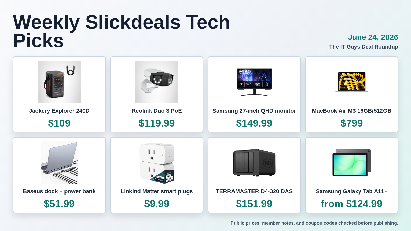 Weekly Slickdeals tech deal roundup showing eight product picks and prices for June 24 2026
