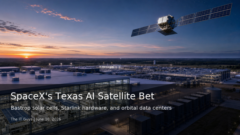 News-style hero image showing a large Texas technology manufacturing campus, solar manufacturing, and a conceptual AI satellite for SpaceX orbital data center plans