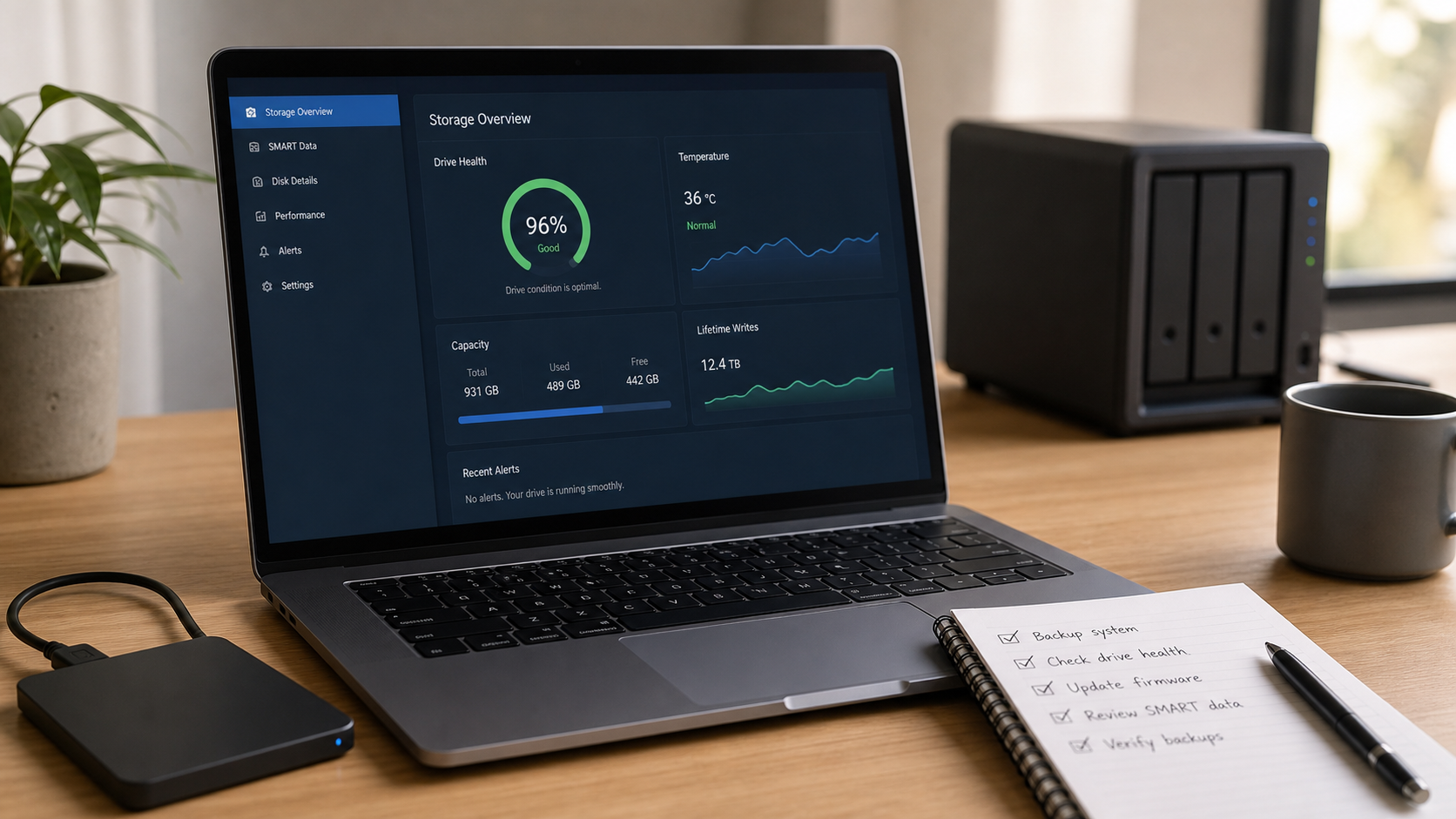 Laptop showing a generic SSD health dashboard beside an external backup drive and checklist for backups, drive health, firmware, SMART data, and verification