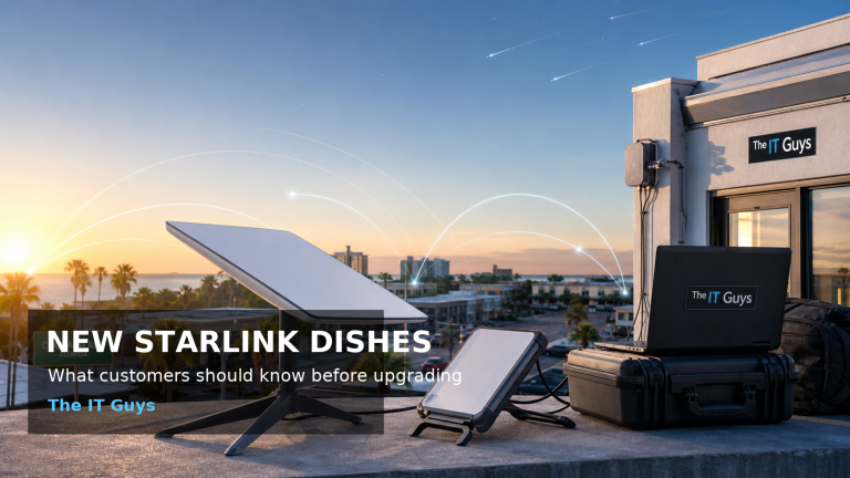 Newer Starlink-style satellite dishes on a Florida rooftop with The IT Guys branding