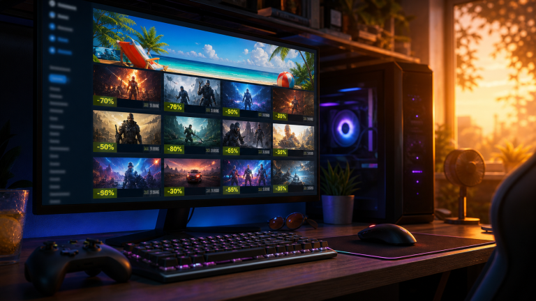 Steam Summer Sale 2026 PC game deals roundup with gaming screens and The IT Guys style