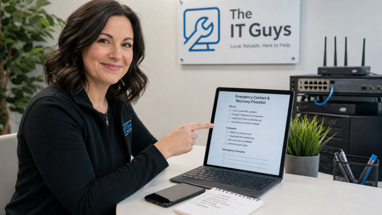 Jennifer helping a small business owner prepare a one-page technology emergency checklist