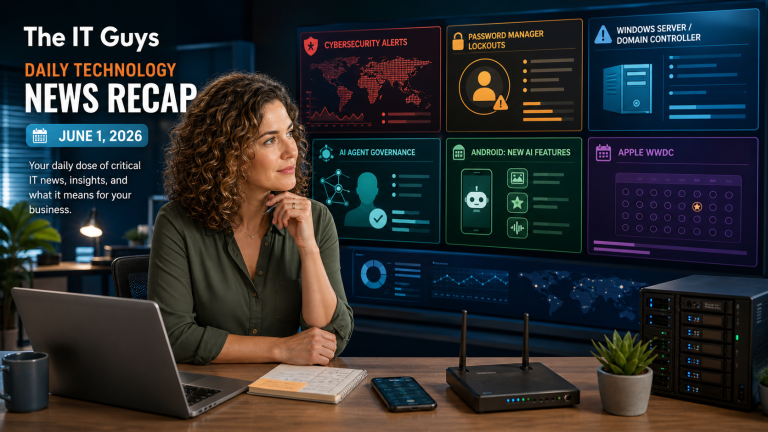 Jennifer reviewing June 1, 2026 cybersecurity, AI, Android, Apple, and small business technology news for The IT Guys
