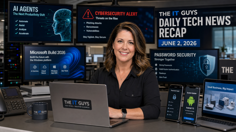 Jennifer presenting The IT Guys June 2 2026 technology news recap in a realistic newsroom with AI, cybersecurity, Android update, and small business IT screens