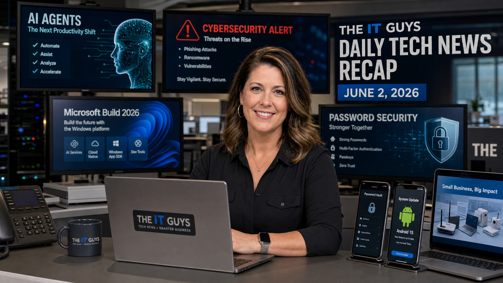 Jennifer presenting The IT Guys June 2 2026 technology news recap in a realistic newsroom with AI, cybersecurity, Android update, and small business IT screens