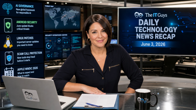 Jennifer presenting the June 3 2026 technology news recap in a realistic newsroom with cybersecurity, Android, AI, and Apple planning screens