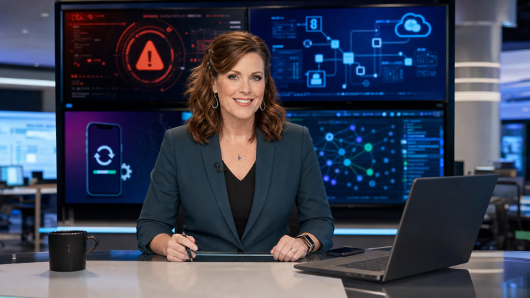 Jennifer presenting the June 4, 2026 The IT Guys technology news recap in a realistic newsroom with cybersecurity, Android, Windows, AI, and business IT screens