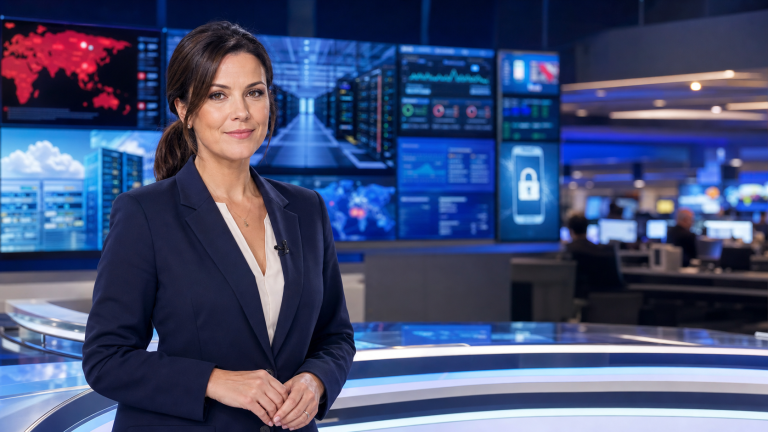 Jennifer presenting the June 5 2026 technology news recap in a realistic newsroom with cybersecurity, cloud, developer, industrial, and browser-security screens