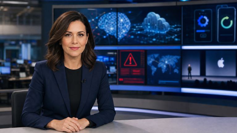 Jennifer presenting the June 7 2026 technology news recap in a realistic tech newsroom with cybersecurity and AI screens